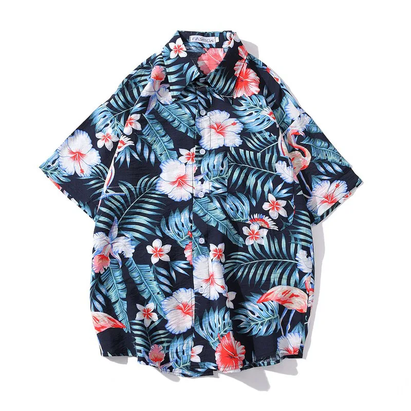 Men Shirt Short Sleeve 2021 New Arrival Summer Loose Flowers Leaves Handsome Male Shirt Thin Student Korean Style Hot Sale S25