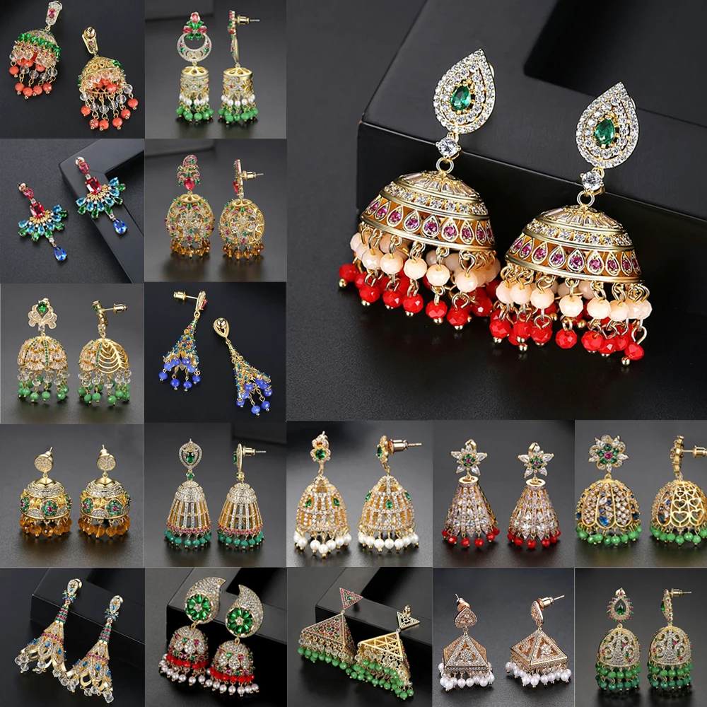 

Indian Jhumka Dubai Bridal Jewelry Crystal Beads Tassel Bells Drop Dangle Earrings Retro Women Ethnic Gypsy Statement Jhumki New