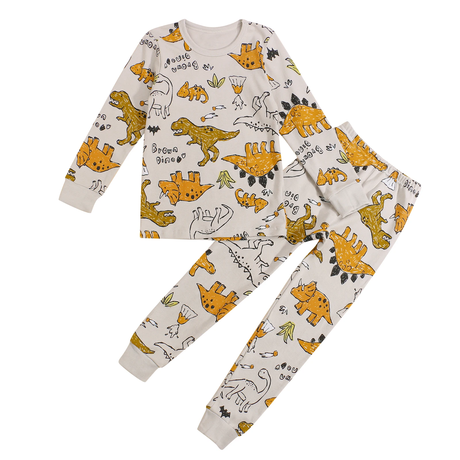 

2021 Autumn And Spring Kids Two-piece Nightwear Set, Cartoon Dinosaur Printed Pattern Long Sleeve Round Collar Tops and Pants