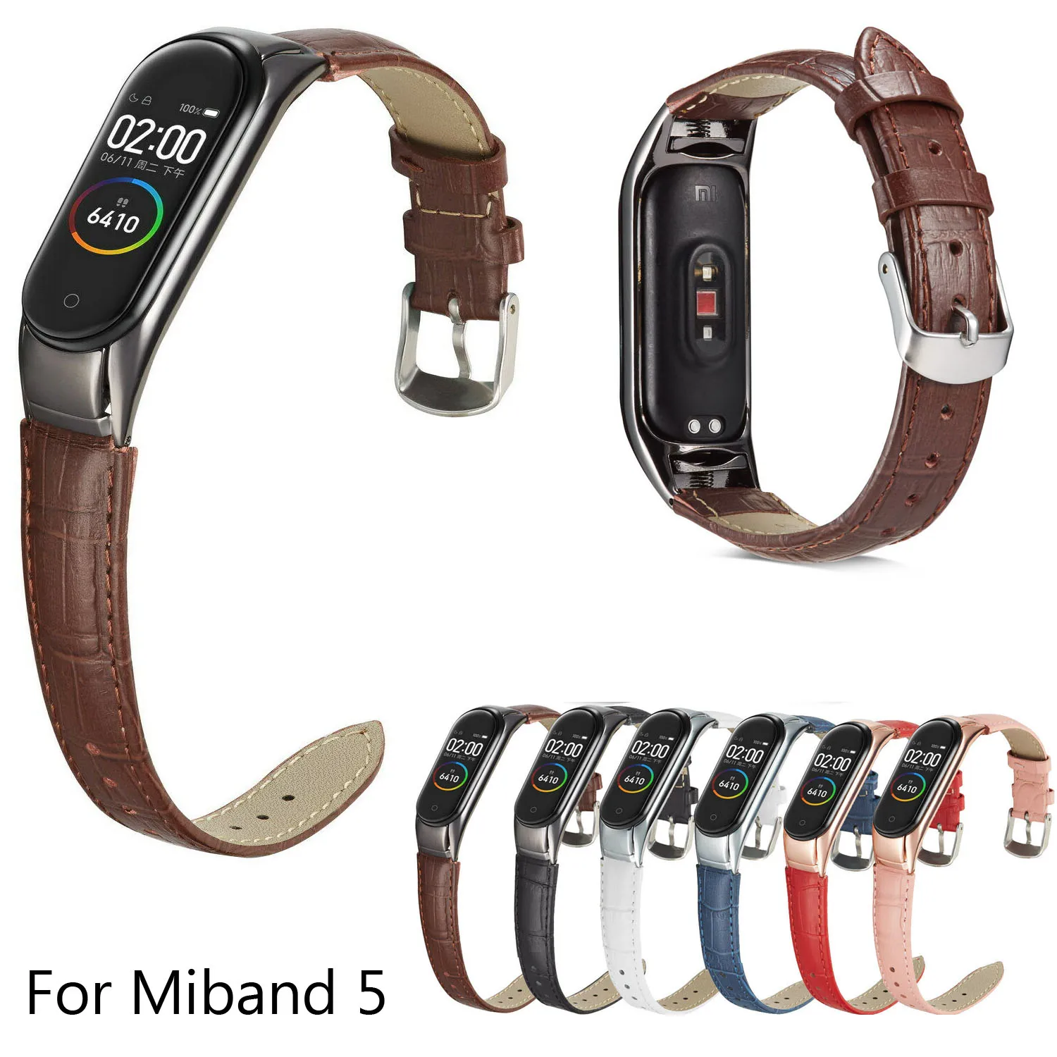 Браслет для Xiaomi Mi Band 5 кожаный ремешок с крокодиловым узором металлический корпус