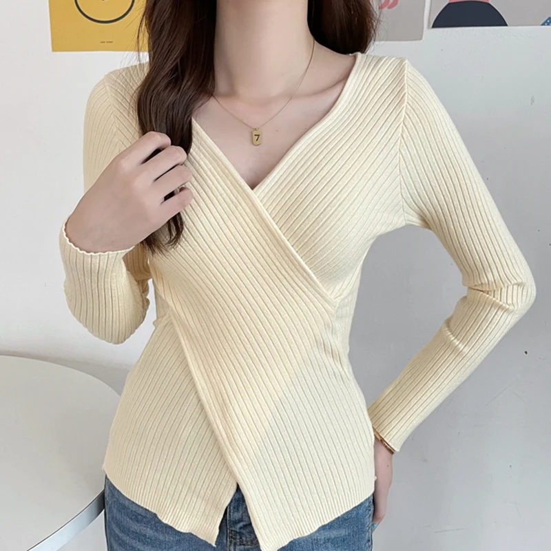 

V Neck Women Crossed Cropped Sweater Female Long Sleeve 2021 New Autumn Solid Knitted Slim Ladies Sweaters Pullovers Crop Tops