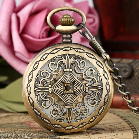 Механические карманные часы в стиле ретро, бронзовые наручные часы с подвеской, с ажурной резьбой, с белым циферблатом, для мужчин и женщин