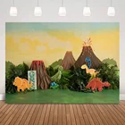 Фон для студийной фотосъемки новорожденных с изображением джунглей динозавров вулканического леса торта на день рождения
