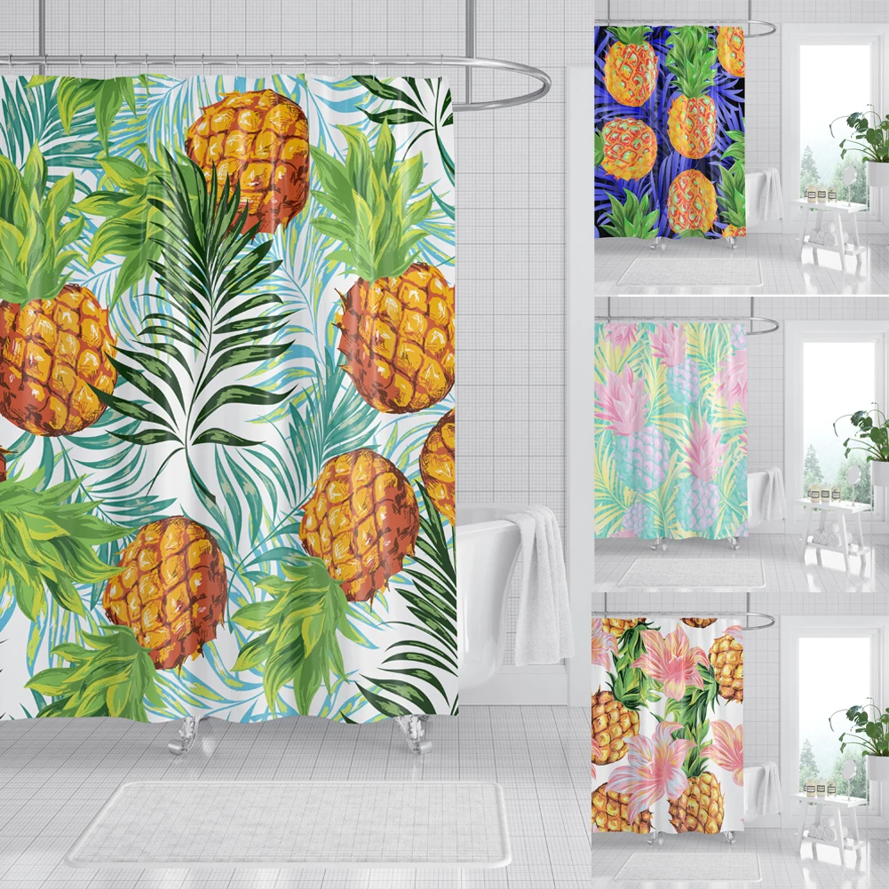 

Tropical Fruit Shower Curtain Pineapple Hang Curtain Bathroom Decoration Waterproof Polyester Fabric Shower Curtain with Hooks