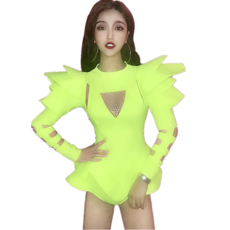 Блестящие стразы ФЛУОРЕСЦЕНТНОЕ зеленое боди для танцора команды джаза костюм