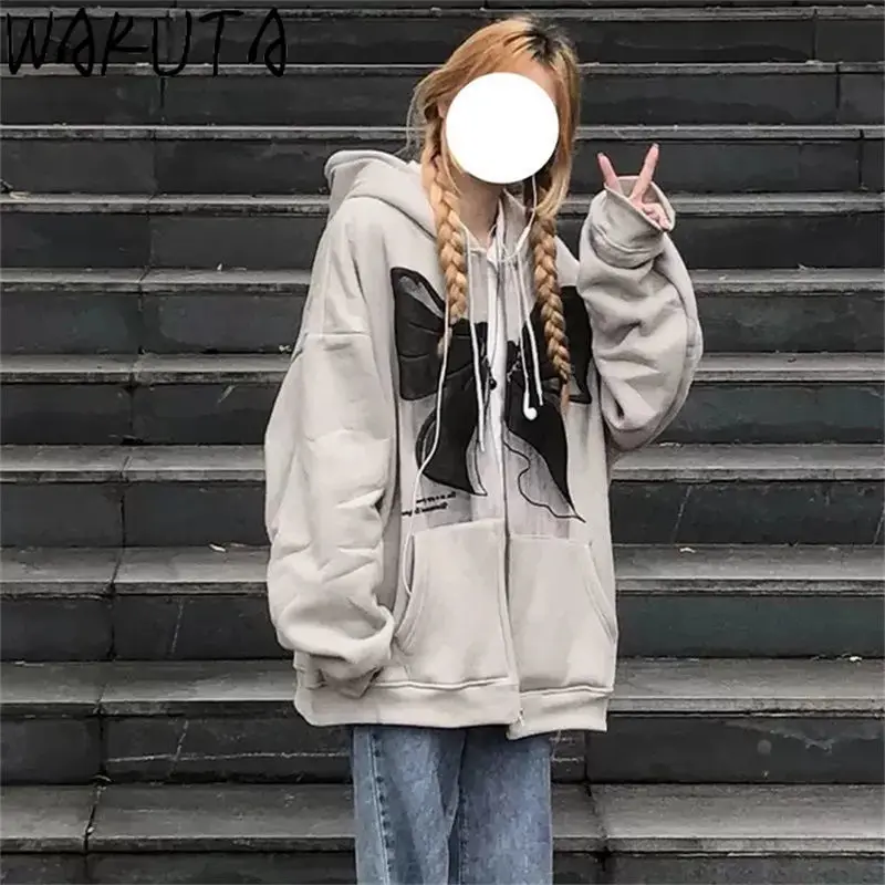 Куртка WAKUTA оверсайз с капюшоном на молнии в стиле хип-хоп для пар Зимняя