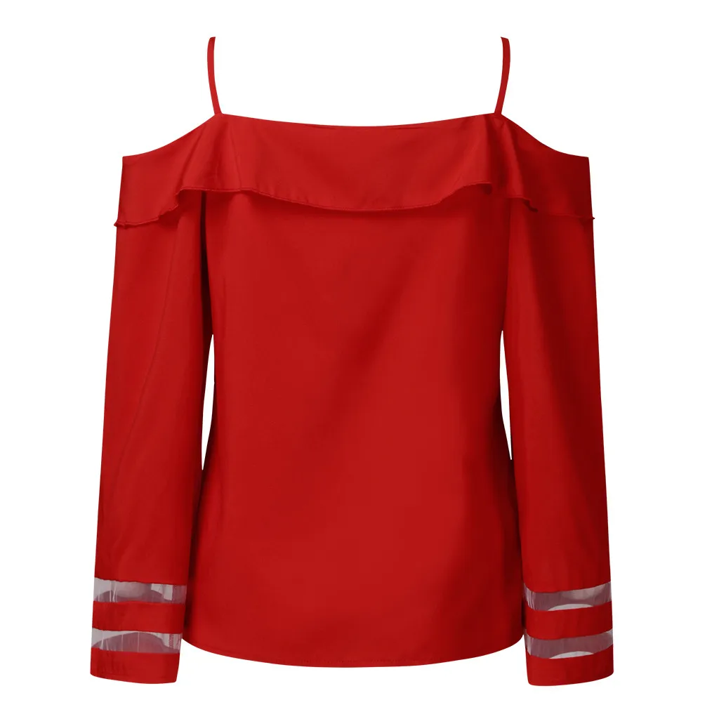 Feitong Sexy Blouse Women Off Shoulder Top Mesh Panel Blouse 3/4 Bell Sleeve Loose Streetwear Top Shirt Women Clothes