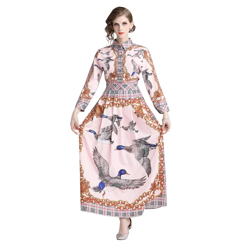 

2021 Newest Designer Runway Woman Fashion Robe Pink Floral Print Long Sleeve Ladies Elegant Party Casual A-Line Maxi Beach Dress