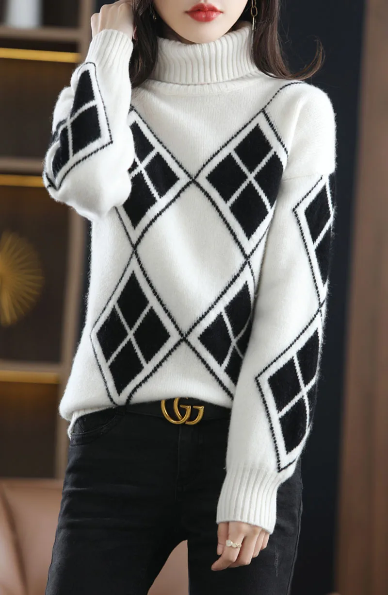 

HIGH STREET Newest 2022 Fall Winter Designer Sweater Women's High Neck Loose Diamond Knit Pullover Sweater