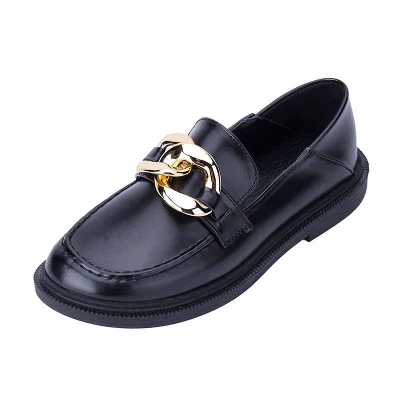 

Shoes Woman 2021 Round Toe British Style All-Match Oxfords Black Flats Metal Chain Slip-on Low Heels Casual Female Sneakers Loaf