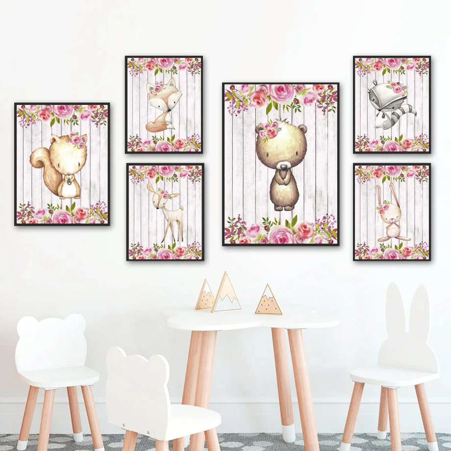 

Cartoon Fox Deer Bear Rabbit Squirrel Raccoon Wall Art Canvas Painting Nordic Posters And Prints Wall Pictures Kids Room Decor