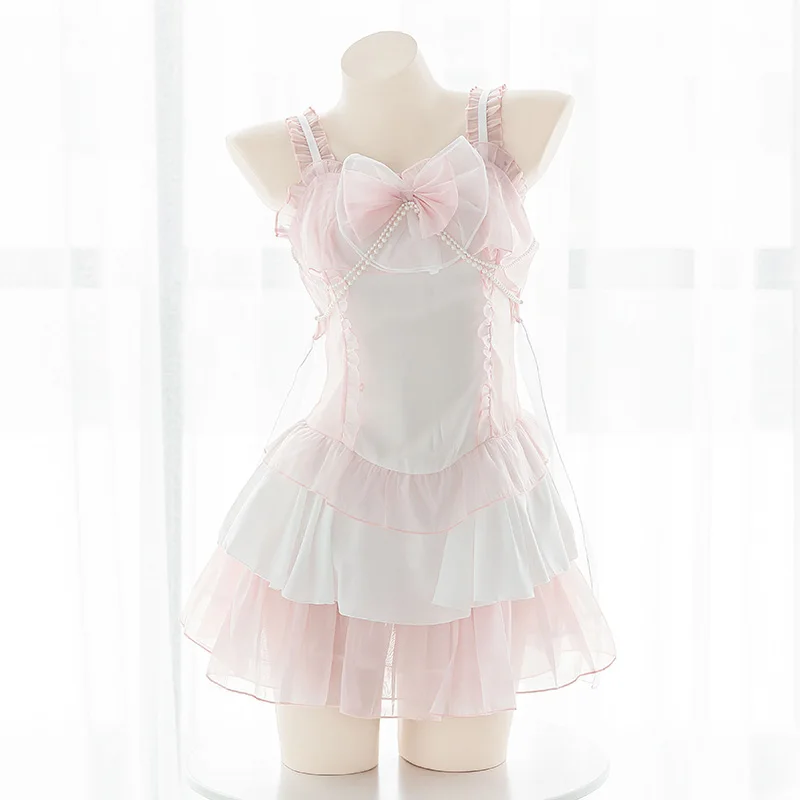 

Cute Pink Sling Super Short Short Dress Nightderss Girls Student Super Fairy Sweet Bowknot Nets yarn Pearl Underwear Cosplay