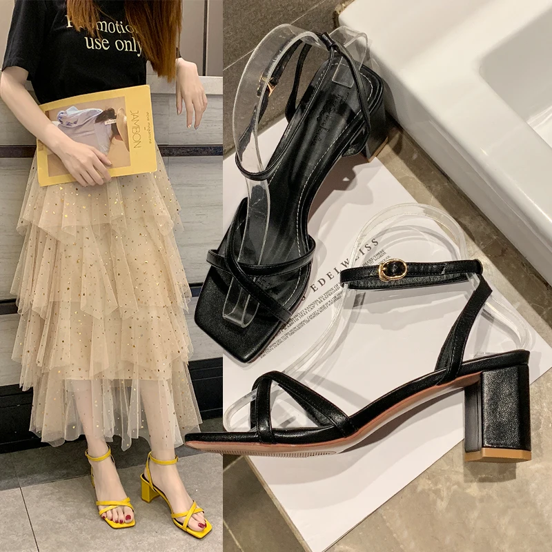 

Women's Sandals 2021 Summer Women's Shoes New Net Red Word with Women's Sandals Wild Square Toe Thick Heel High Heels