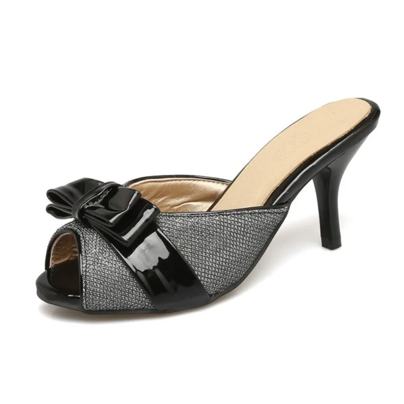 

Sandals Shoes Women Fashion High Heel Leather Bowknot Peep Toe Shiny Slippers Sweet Slip-on Ladies Shoes Plus Size 43