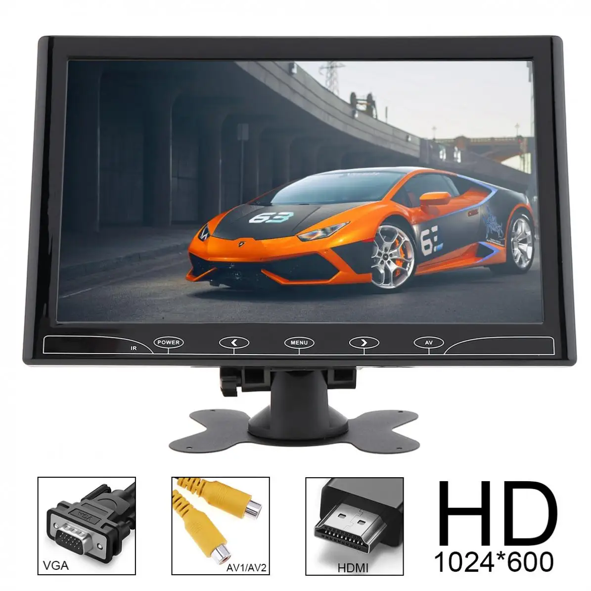 10,1 дюймов 16:9 HD 1024*600 TFT lcd цветной автомобильный монитор заднего вида 2 видео вход DVD VCD подголовник Поддержка аудио видео HDMI VGA