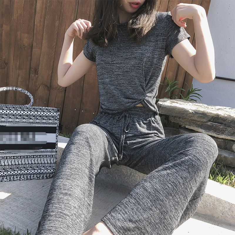 Mishow 2019 summer sport causal Two-piece suit women around neck short sleeve shirt + elastic waist drape pants MX19B3519 | Женская