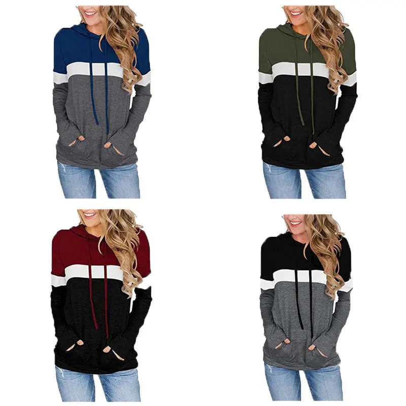 Womens Casual Color Block Sweatirts Long Sleeve Drawstring Pullover Hoodie Tops with Pocket