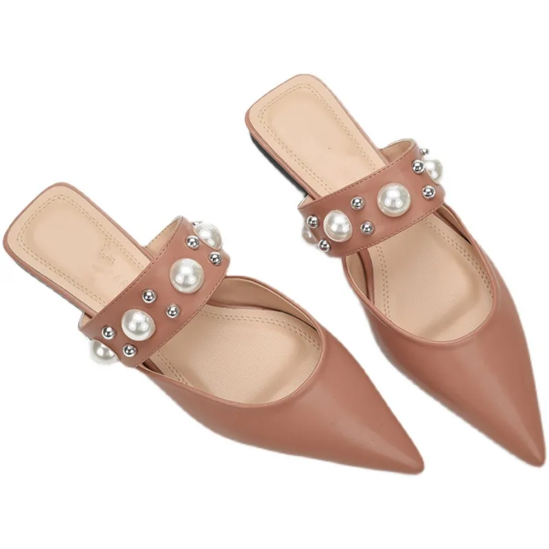 

String Bead Shoes Woman 2021 Slippers Flat Big Size Cover Toe Shallow Rubber Flip Flops Female Mule Pantofle Hawaiian Pointed Mu