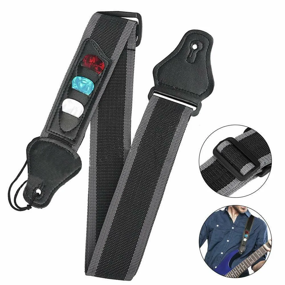 

Adjustable Guitar Strap Belt With Picks Pocket For Acoustic Electric Bass Nylon Ukelele Instrument Guitar Strap With 3 Picks