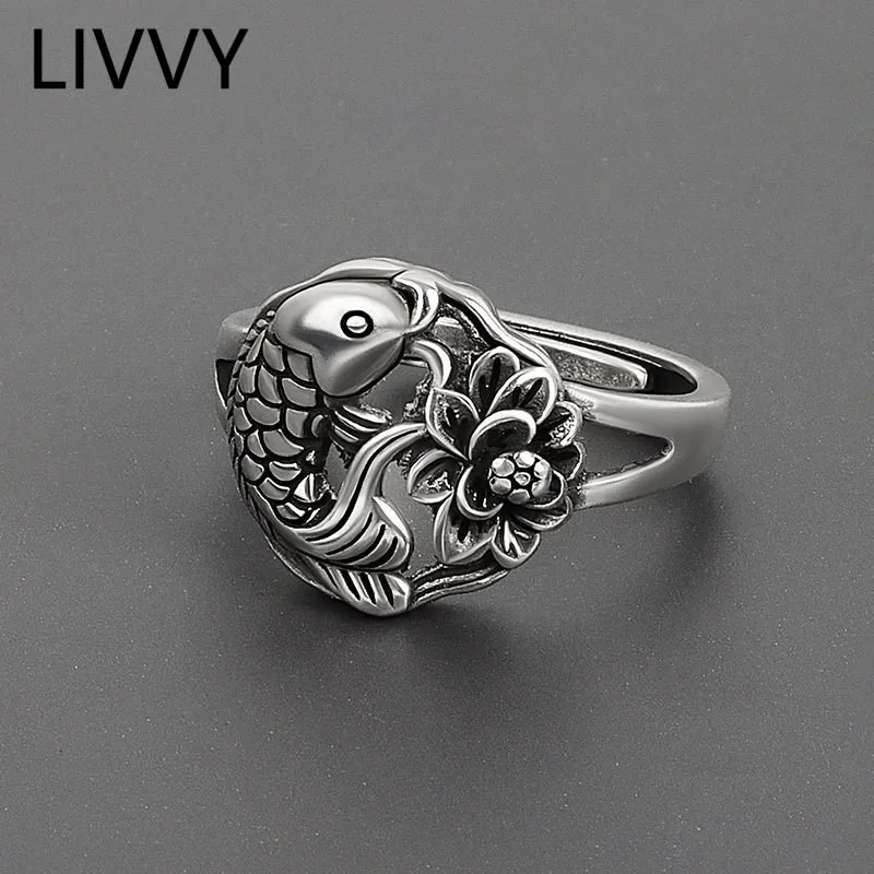 

LIVVY Silver Color Fish and Flower Geometric Rings Trendy Open Adjustable Rings For Woman Jewelry Gifts