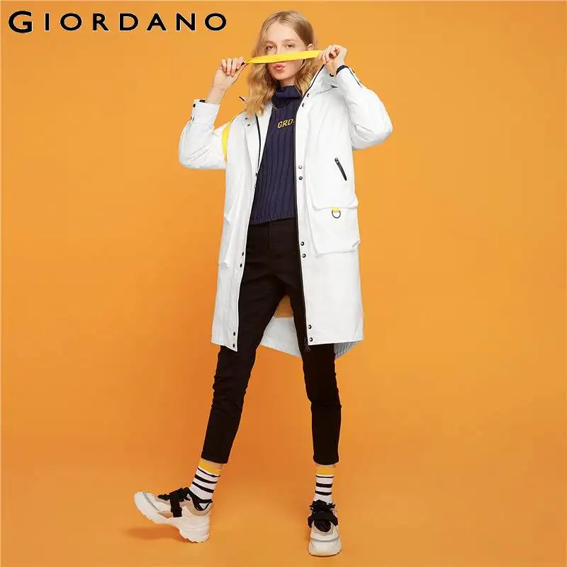 Женский пуховик с капюшоном Giordano белая куртка-пуховик средней длины из хлопка