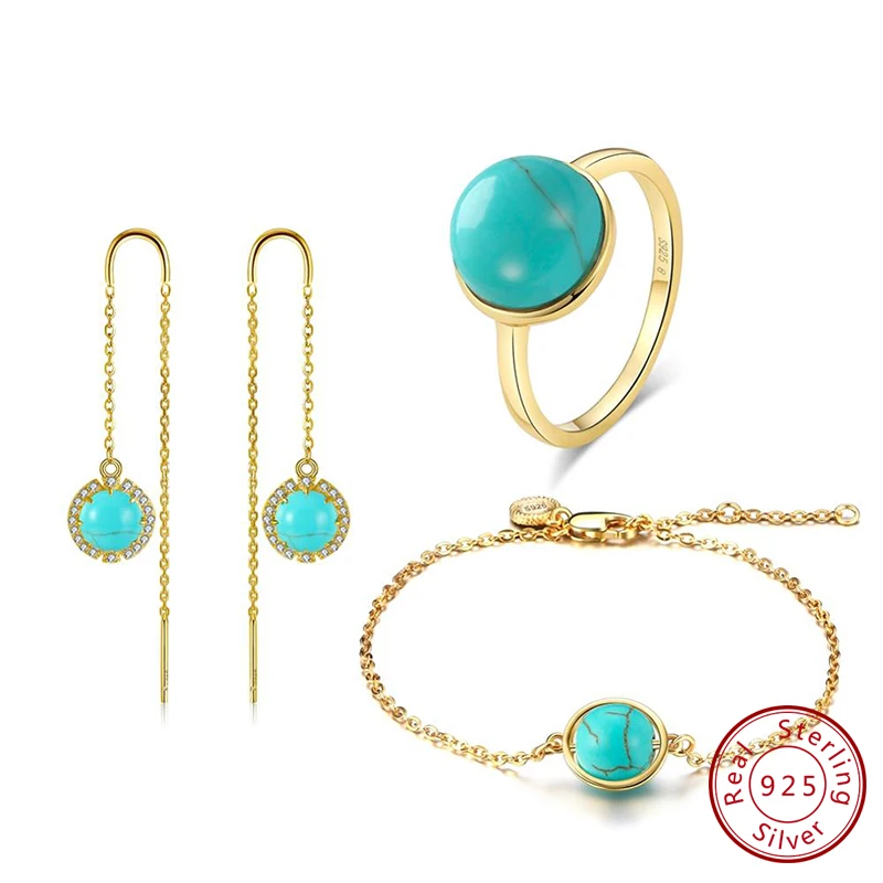 Effie queen 925 пробы Серебряный женский бирюзовый браслет серьги кольца наборы обручальные кольца золотые ювелирные изделия SS26-V