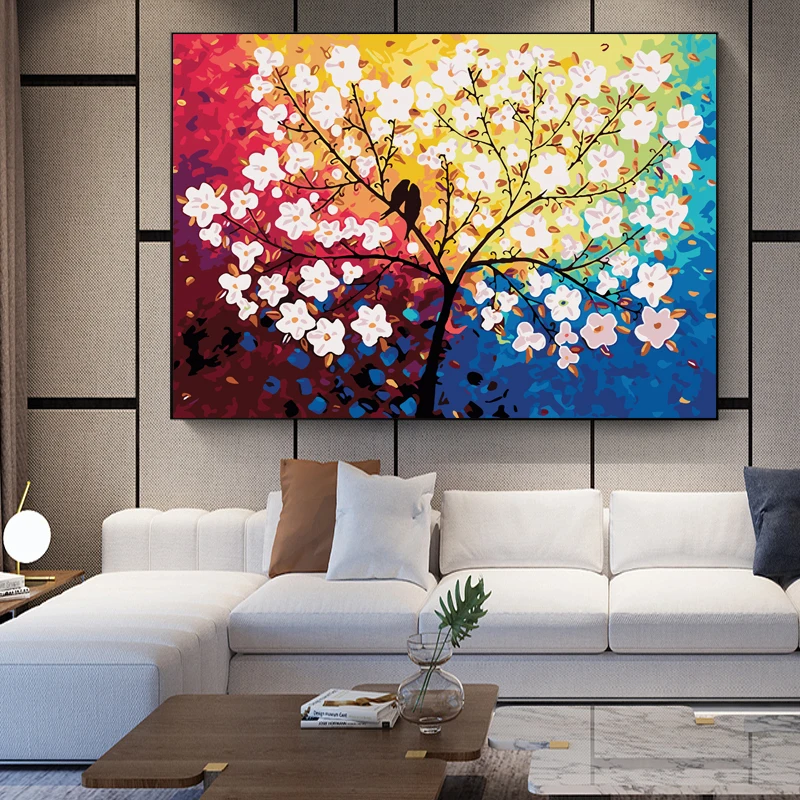 Картина на холсте с изображением разноцветных деревьев и птиц RELIABLI абстрактные