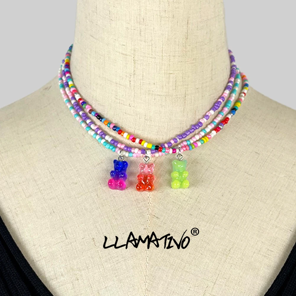 

2021 New Gradient Gummy Bear Rainbow Beaded Choker Necklace For Women Cartoon Candy Resin Charm Necklace Summer Y2K Girl Jewelry