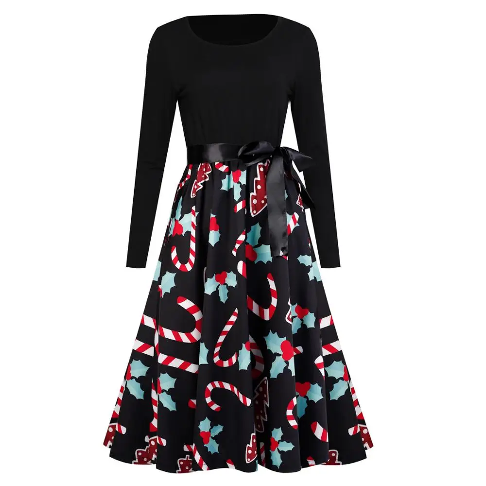 

Woman Christmas Dress Winter Long sleeve Santa Claus Christmas Tree Printing Stitching Belt Retro Big Swing Dress Vestidos Mujer