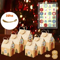 24pcs christmas house shape candy box kraft paper gift bags packaging boxes with ropes xmas tree pendants diy cookie bags box