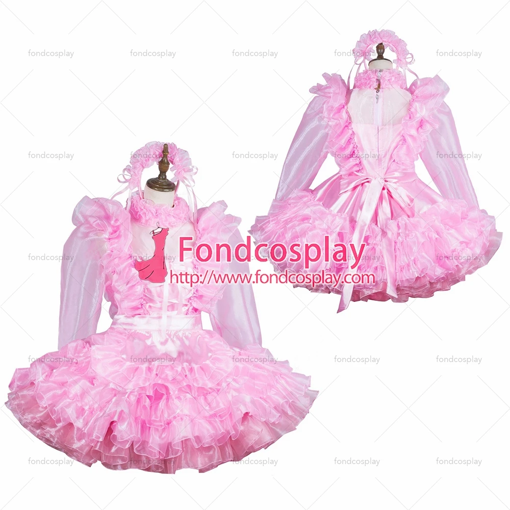 

fondcosplay adult sexy cross dressing sissy maid short lockable baby pink Satin Organza dress apron costume Tailor-made[G3821]