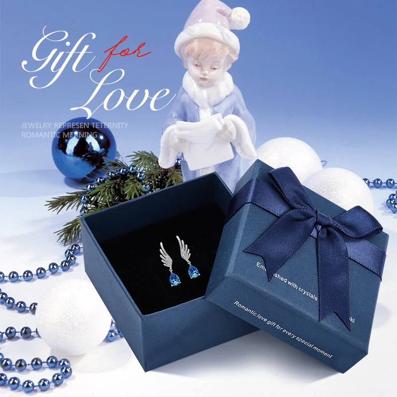 Blue in box Cdyle, серебро 925, хорошее ювелирное изделие, Крыло ангела, висячие серьги с голубым кристаллом слеза ангела для невесты, свадебные серьги, аксессуары для ушей - Окраска металла: Blue in box