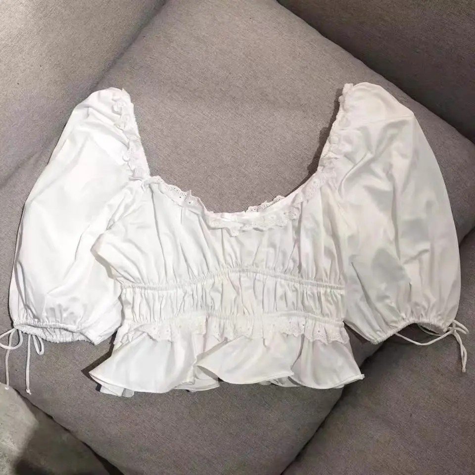 

Women Sweet Sexy Crop Top Blouse Vintage Luxury Brand Design Lace-up Puff Sleeve Ruffles Elastic waist White Mini Blouses Summer