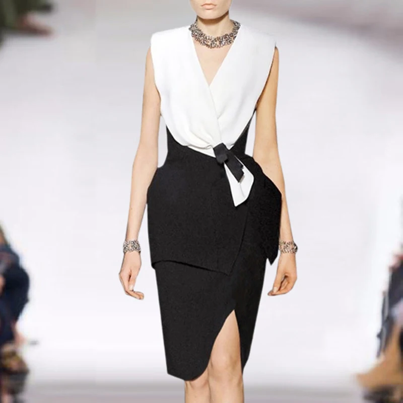 

Женское дизайнерское платье без рукавов, Элегантное черно-Белое Облегающее модельное платье в стиле пэчворк, 2021