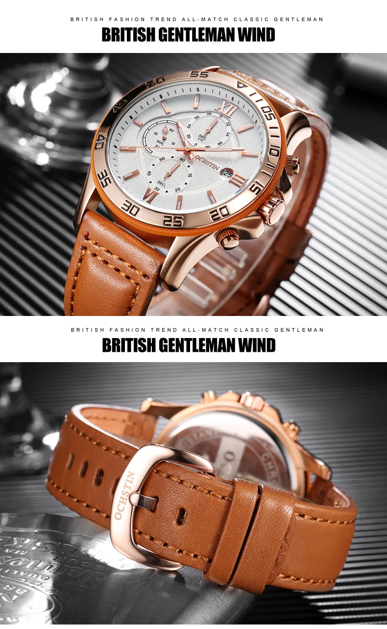 reloj hombre OCHSTIN Rose Gold Luxury watch Automatic Calendar business men watch in Casual sport leather band quartz watch men