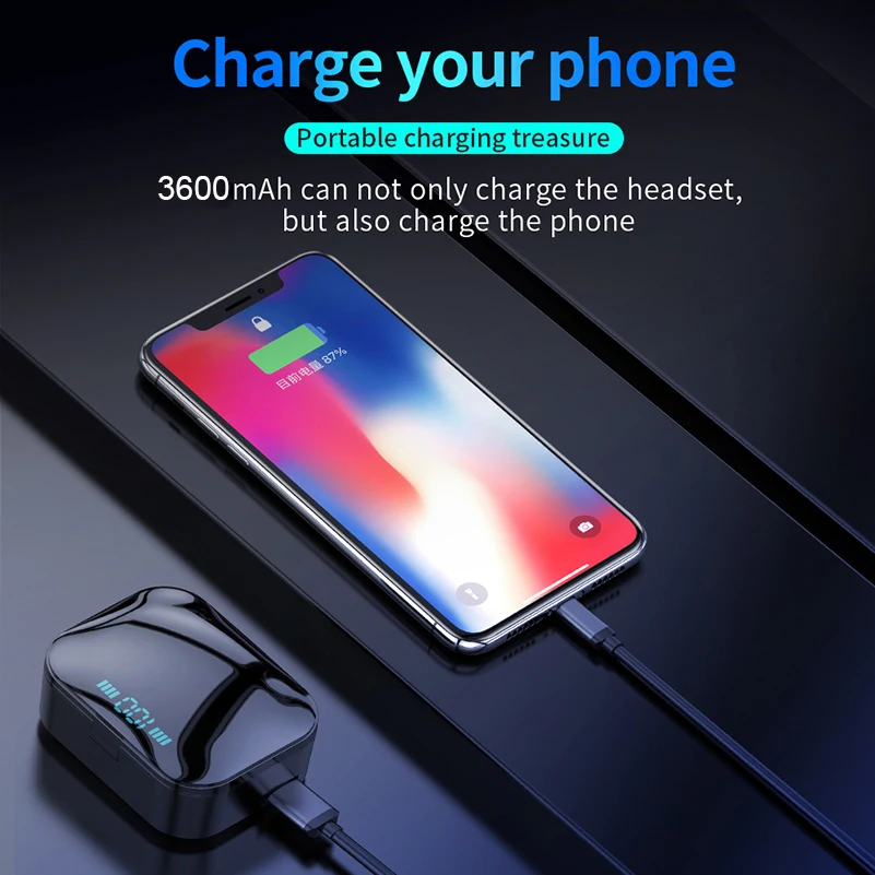 Сенсорные TWS, настоящие беспроводные наушники, Bluetooth наушники, водонепроницаемые головные уборы с 3600 мАч, Дополнительный внешний аккумулятор для iPhone, xiaomi, huawei