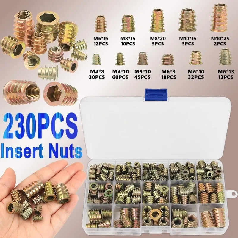 

230PCS Assorted Flanged Hex Drive Head Furniture Nuts M4 M6 M8 M10 Zinc alloyl Thread For Wood Insert Nut