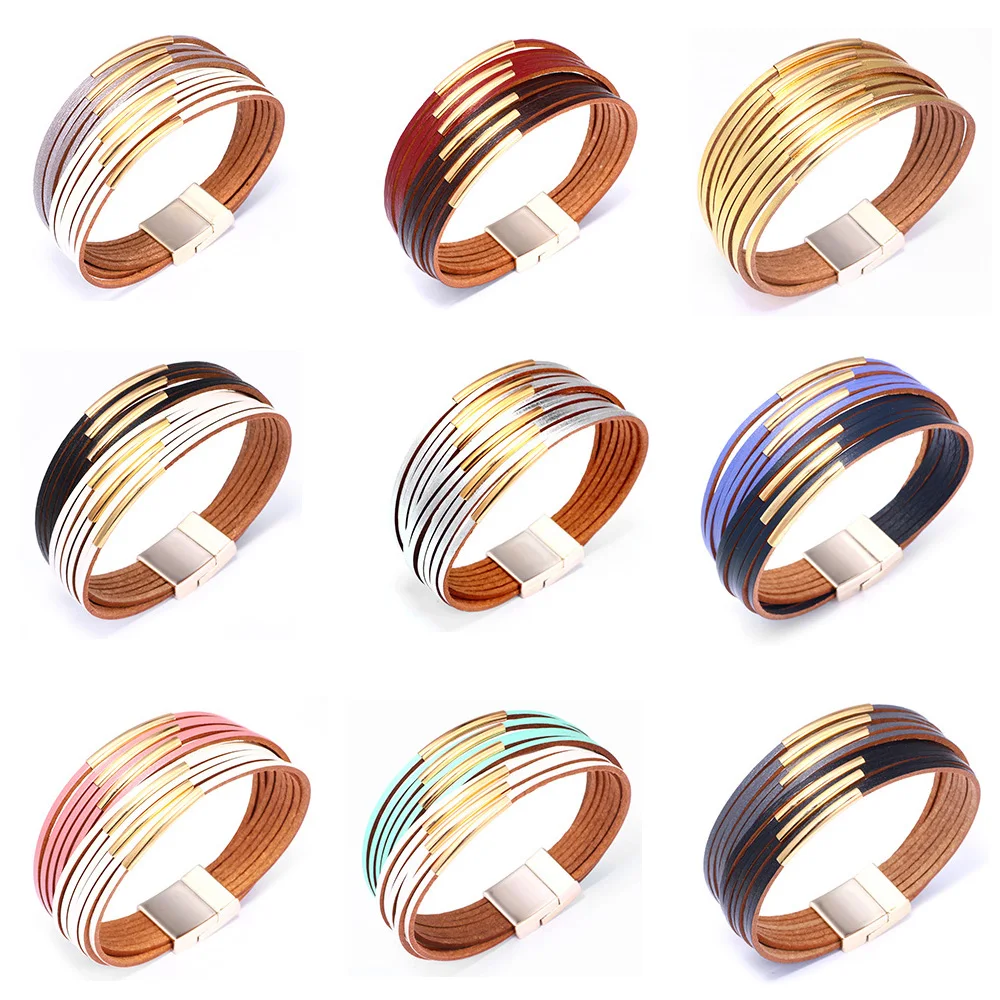 

10 Styles Leather Bracelets For Women Accessories Magnet Buckle Wristband Multi Layer Wide Wrap Bracelet Femme Jewelry Gift 2021
