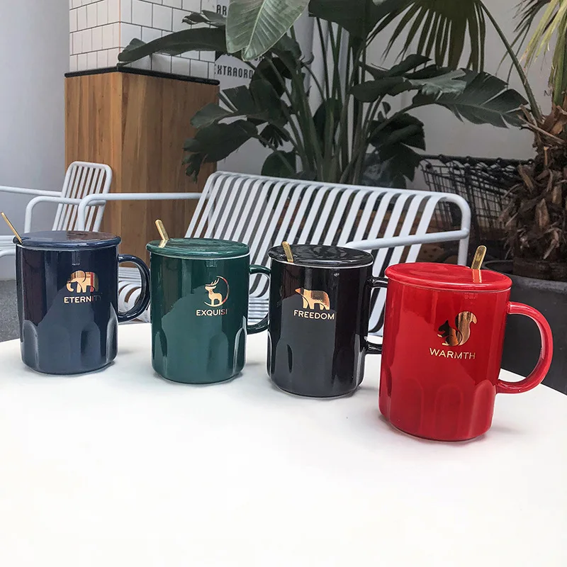 FUNBAKY 375 мл Золотая керамическая кружка с животными крышкой и ложкой для женщин