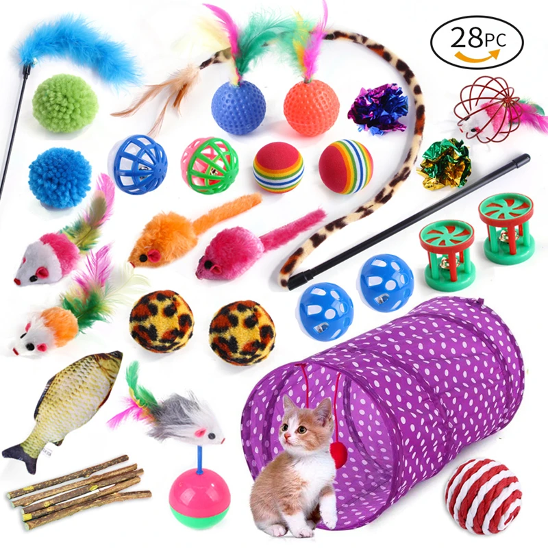 

28 Pcs Cat Toy Kit Collapsible Tunnel Indoor Kitten Interactive Teaser Wand Catnip Feather Mice Ball Pet Teeth Clean Fun Channel