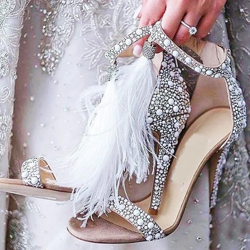 

2021 Summer New Crystal Lady Sandals Women Party Shoes Fur Tassels Ankle Strap Gladiator Sandals High Heels Shoes Woman WSH3532