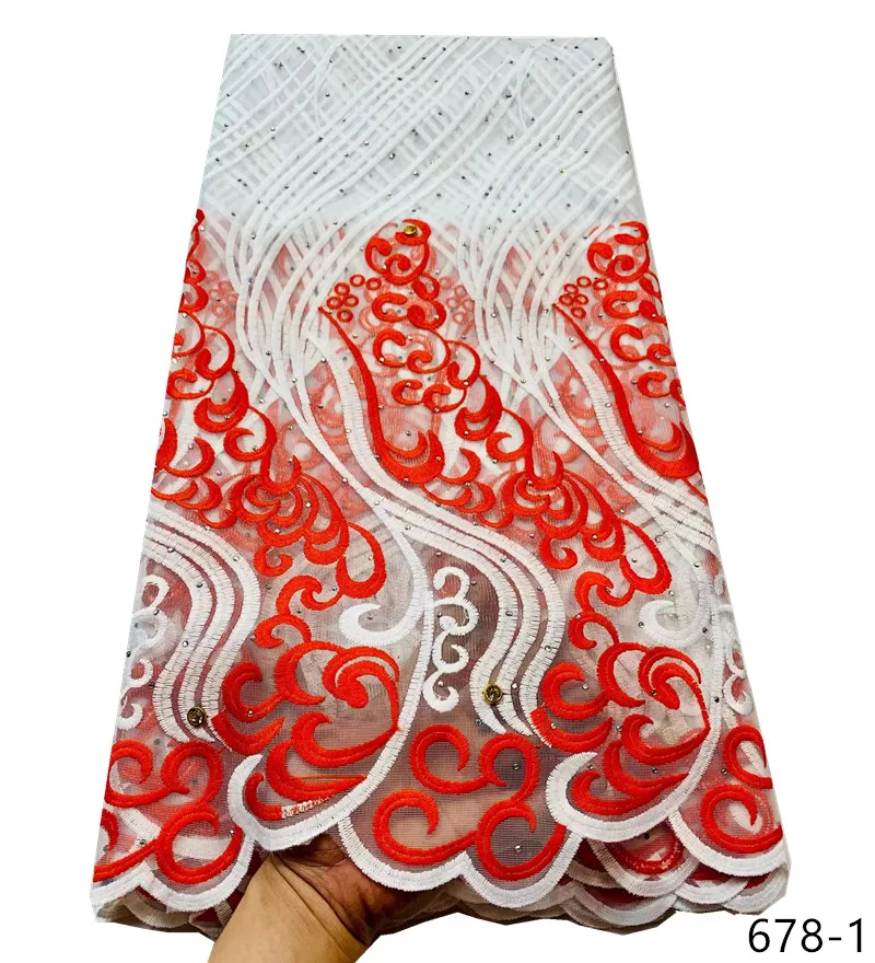 

Latest African Lace Milk Fiber Fabric French Embroidered Mesh Lace Fabric High Quality Nigeria Lace With Stones For Party 678