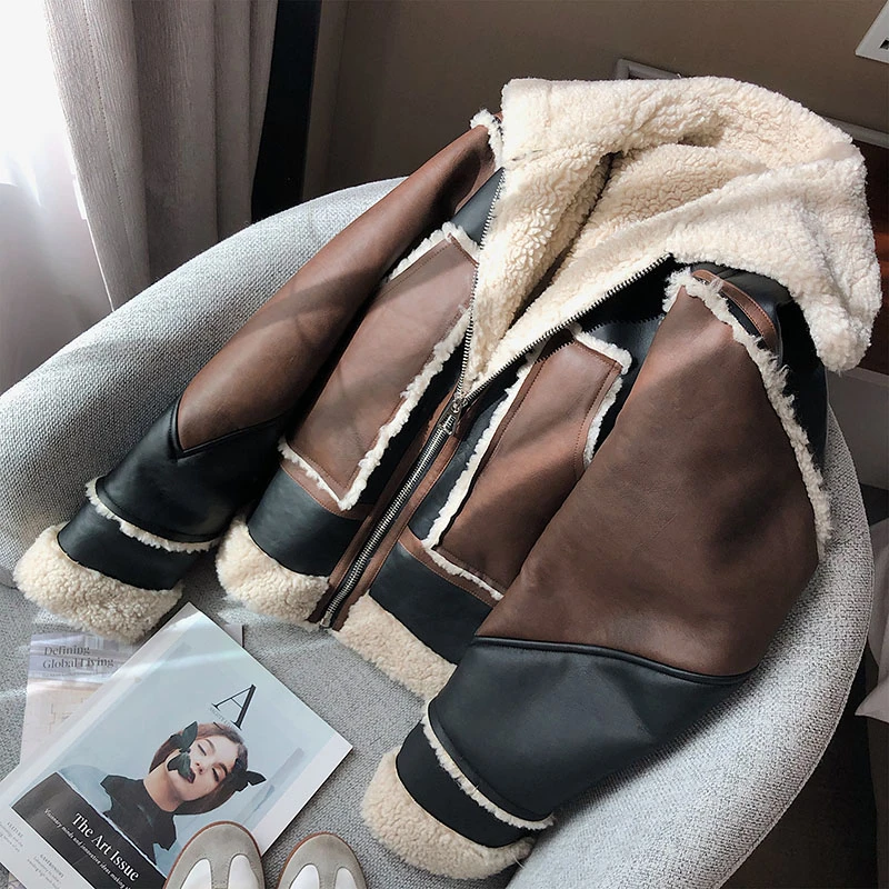 

ZURICOHUSE Brand Lambswool Leather Jacket Women Short Thick Warm Outwear Street Stylish Hit Color Design Faux Fur Winter Coat