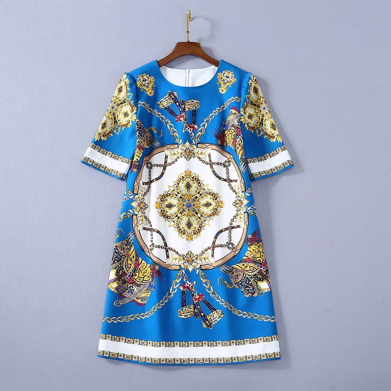 

women's American European and dress 2021 summer new styles Bead blue chain printed five-minute sleeve Fashionable dress