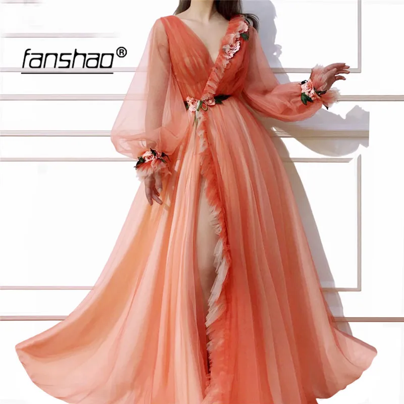 

Orange Long Evening Dresses Puffy Full Sleeve Flowers Appliques Slit V Neck With Champagne Lining Special Occasion Party Gowns