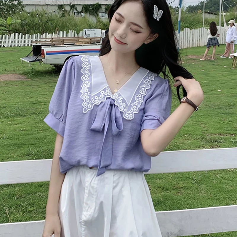 

Peter Pan Collar Chiffon Blusas Women Short Sleeve Chiffon Blouses Shirts Lady Casual Spring Summer Style Tops