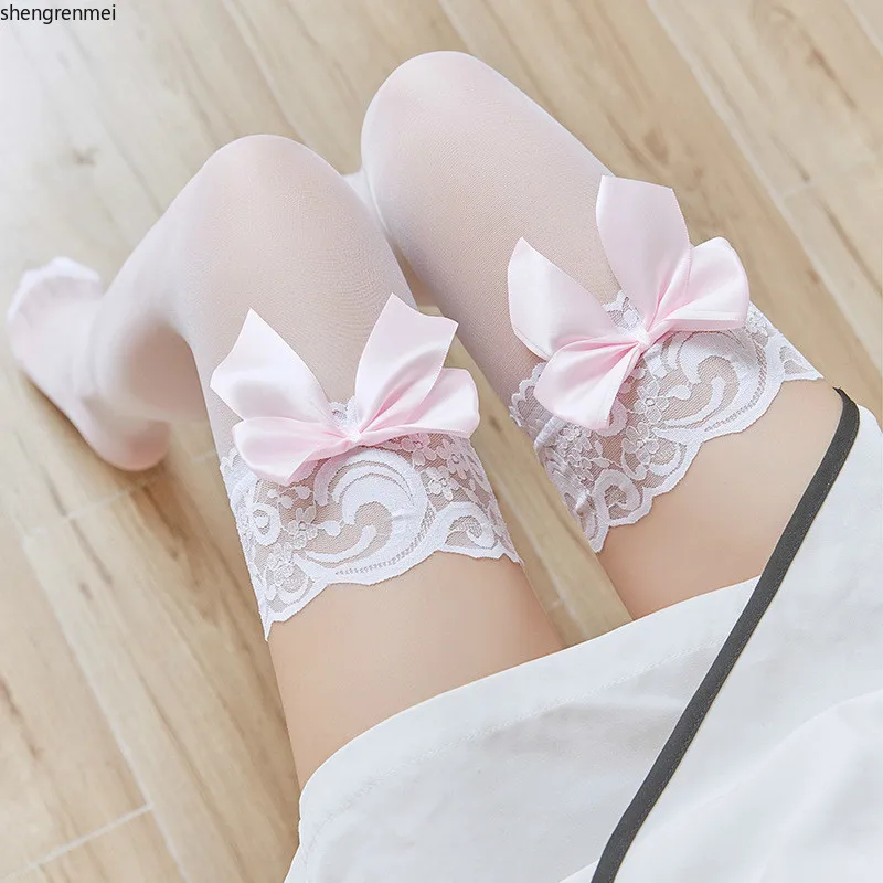 Shengrenmei Women Girl Lolita Japanese Stockings New Sister Cute Pink Bow Lace Knee High Stocking Thigh High Tube Silk Stockings