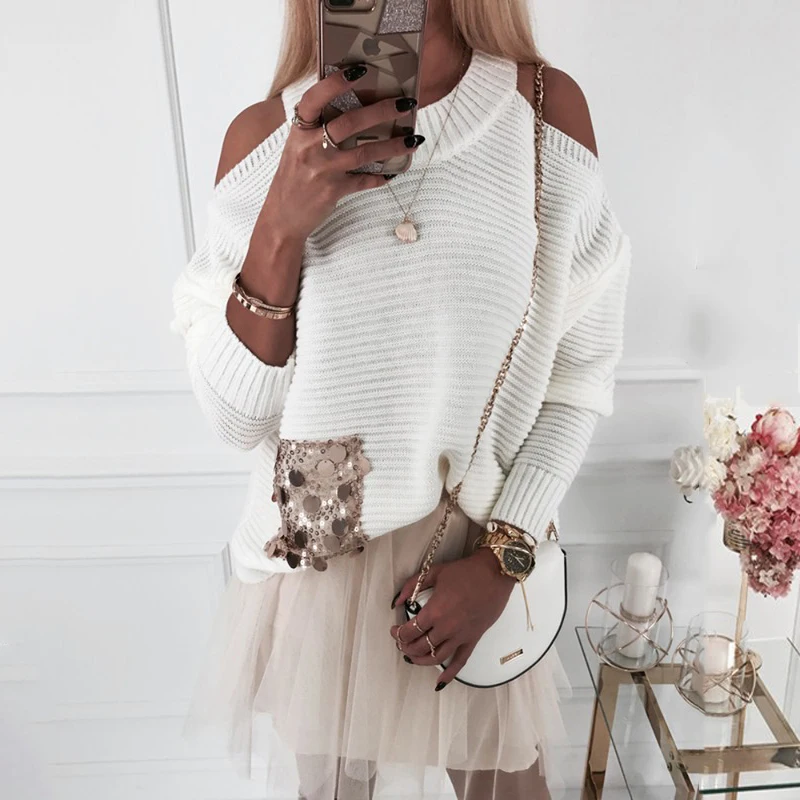 Autumn Winter Sweater LADY Casual Sequins Pocket Long Sleeve Knitted Pullover Streetwear Women Clothes | Женская одежда