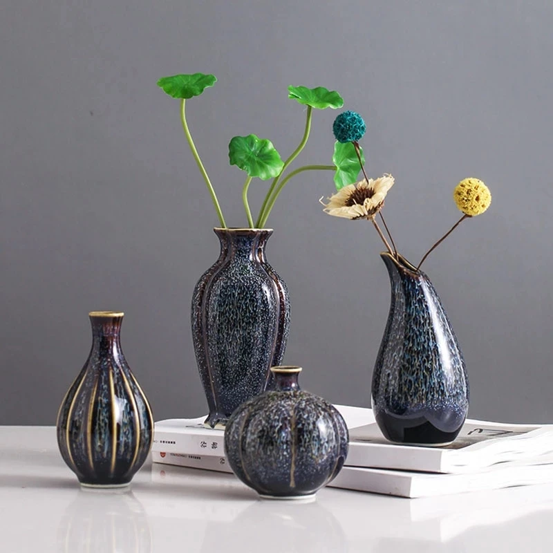 

Китайская ретро-ваза с глазурью темного цвета, керамическая ваза для цветов, ваза для гидропоники, настольное устройство, европейские аксес...