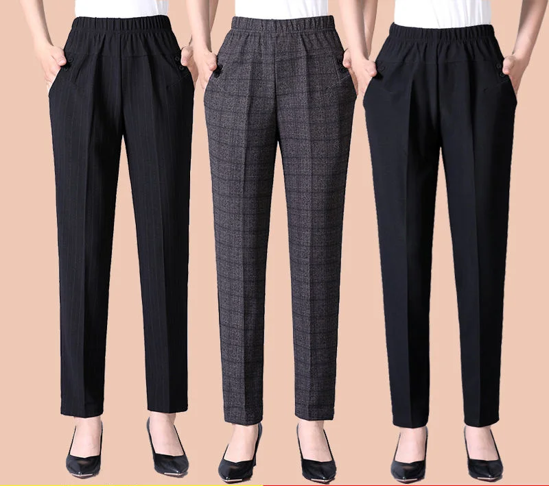 

Autumn Middle-aged Elderly Women Pants female New Elastic High Waist Casual Mother Solid Thin Straight Trousers B22